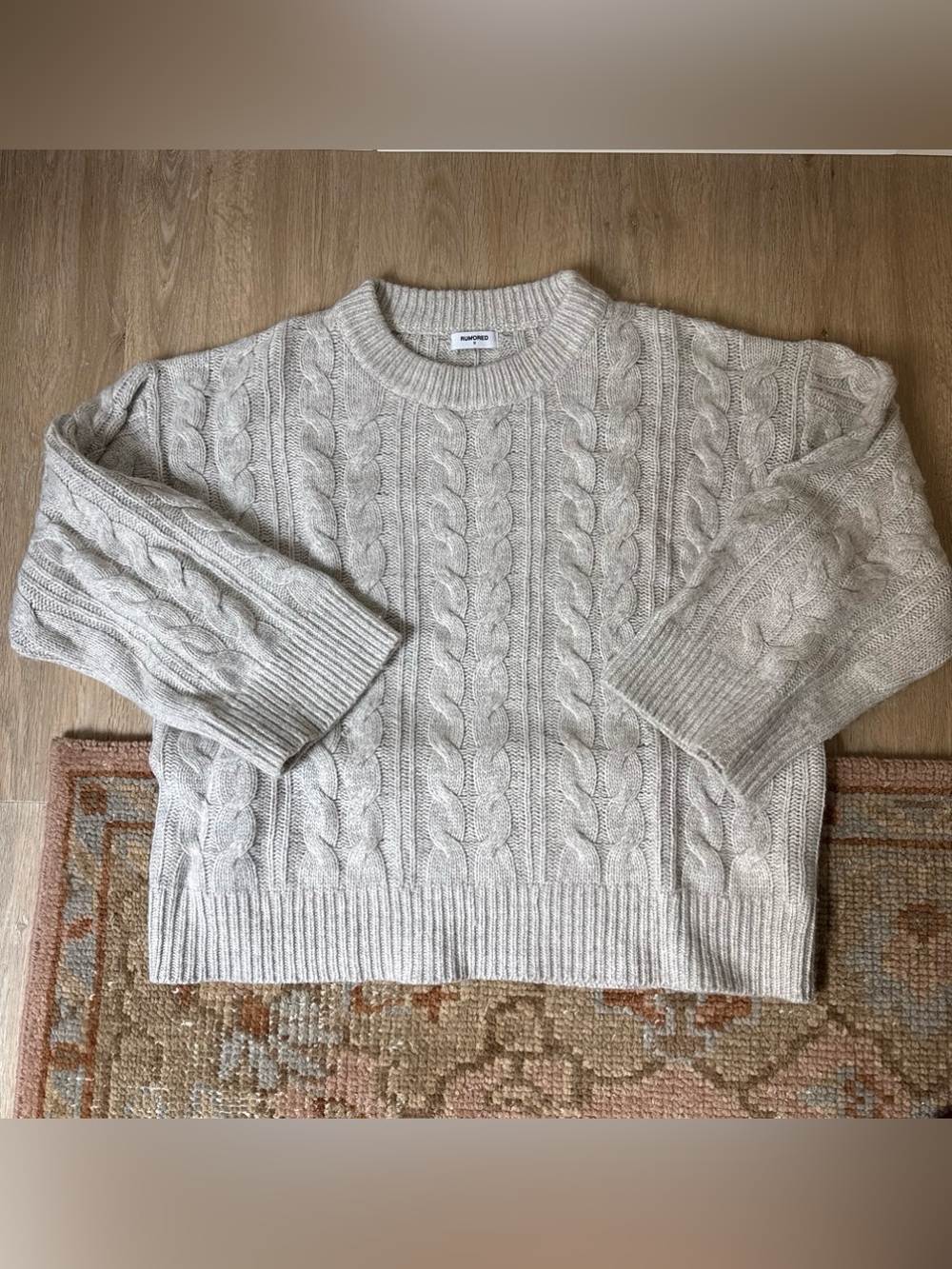 Rumored Soft Cable Knit Crewneck Sweater in Grey Medium